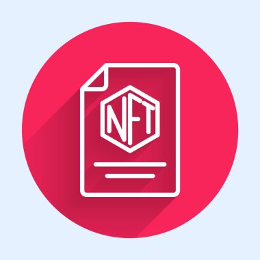 Beyaz çizgi NFT sözleşme simgesi uzun gölge arkaplan izole. Para iadesi olmayan jeton. Dijital kripto sanat konsepti. Kırmızı daire düğmesi. Vektör.