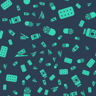 İlaç hapı ya da tablet, su toplayan haplar, kokain, kredi kartı, ilaç şişesi ve hapları sorunsuz bir kalıba sokun. Vektör.