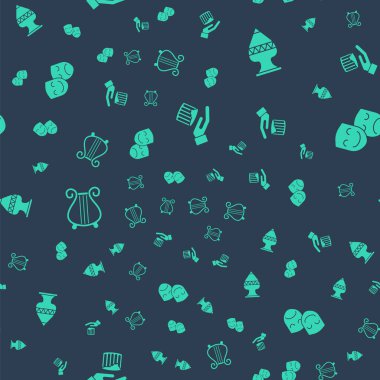 Eskiler sütununu, amforayı, lir ve komediyi ve trajedi maskelerini kusursuz desenlere göre ayarla. Vektör.