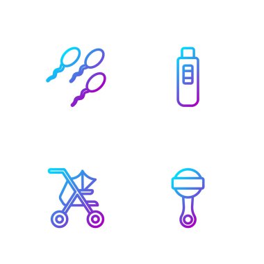 Rattle bebek oyuncağı bebek puseti spermi ve hamilelik testi ayarla. Renk simgeleri. Vektör.