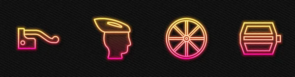 Set Lijn Fietswiel Rem Helm Pedaal Een Gloeiend Neon Icoon — Stockvector