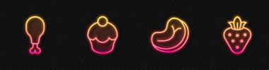 Biftek, tavuk budu, kek ve çilek. Parlayan neon ikonu. Vektör.