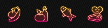 Balık Elması ve muz sirkesini şişeye koy ve biftek ye. Parlayan neon ikonu. Vektör.