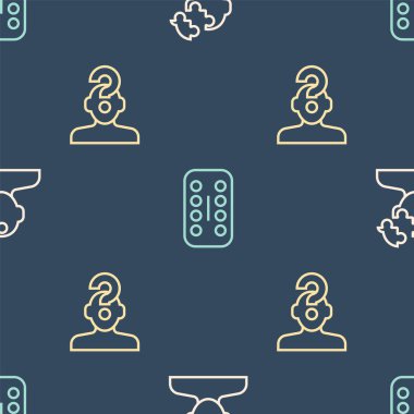 Psikolojide çizgi çözümü sorununu soru işareti ve sorunsuz kalıpta yatıştırıcı haplarla çözün. Vektör.