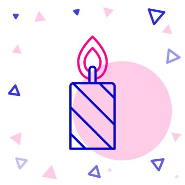 Beyaz arkaplanda izole edilmiş şamdan simgesinde çizgi yakma mumu. Silindirik mum çubuğu ve yanan ateş. Renkli taslak konsepti. Vektör.