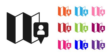 Beyaz arkaplanda konum belirleyici simgesi olan siyah katlı harita. Simgeleri renklendirin. Vektör.