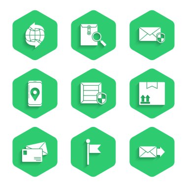 Teslimat paketi güvenliğini kalkan konum belirleyicisi Karton kutucuk trafik sembolü Mobil uygulama dağıtım takip ve dünya çapında simge ile ayarla. Vektör.