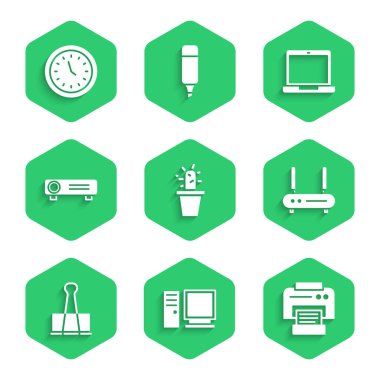 Cactus ve succulent in pot Computer monitörü Wi-fi sinyali Binder klipli film projektörü Laptop ve Clock simgesini ayarlayın. Vektör.