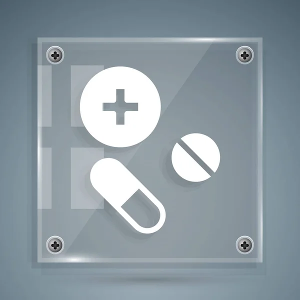 Bílá Medicína Pilulka Nebo Tablet Ikona Izolované Šedém Pozadí Prášky — Stockový vektor