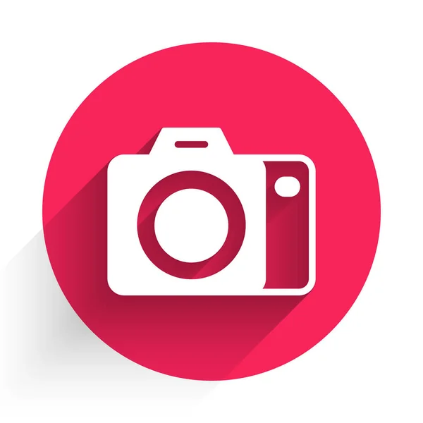 白色摄影相机图标隔离长阴影背景 脚踏相机 数字摄影 红圈按钮B — 图库矢量图片