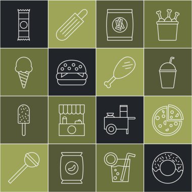 Donut Pizza Milkshake Sert Ekmek Kraker Burger Dondurması Çikolata ve Tavuk budu ikonu. Vektör.