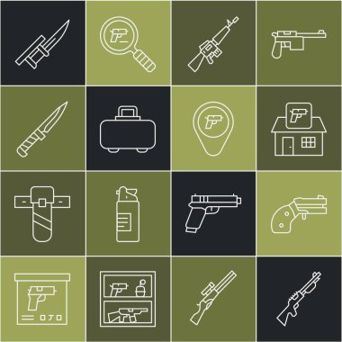 Avcı silahı küçük tabanca dükkânı silahı M16A1 tüfek çantası askeri bıçak süngüsü ve ikonlu konum. Vektör.