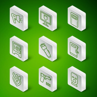 Balaclava Pistol ya da silah polisinin megafon elektrik şoku güvenlik veritabanı kartı ve istasyon klasörü simgesini ayarla. Vektör.