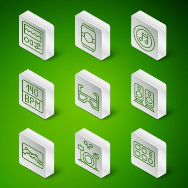 Bateri Bateri Makinesi Davul Bardakları Bitrate Bira Kutusu Müzik Dalga Dengeleyicisi ve Stereo hoparlör ikonu ayarlayın. Vektör.