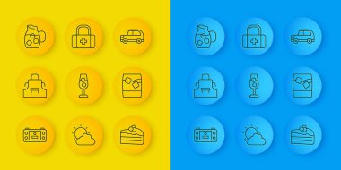 Portatif video oyunu konsolu mutfak önlüğü, cam bardak, buzlu cam bardak viski ve ilk yardım seti ikonu. Vektör.