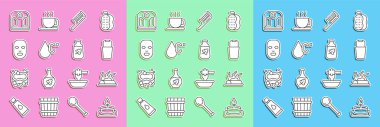 Aroma mumu Kamp Ateşi Saunası Saç fırçası Su Sıcaklığı Yüz Maskesi Banyo pulları ve Temel yağ şişesi ikonu. Vektör.