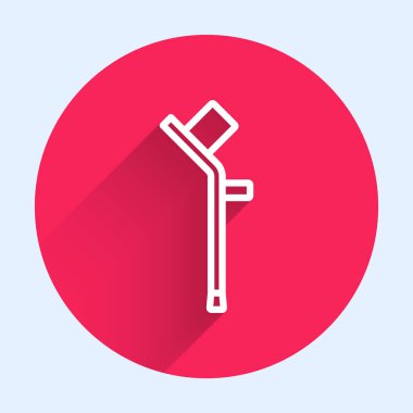 Uzun gölgeli beyaz çizgi ya da koltuk değnekleri simgesi. Kas iskeleti hastalığı olan insanların rehabilitasyonu için gerekli ekipman. Kırmızı daire düğmesi. Vektör.