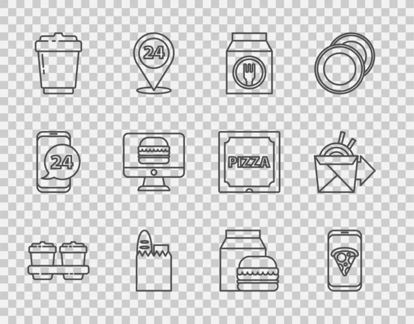 设置在线咖啡杯 网上订购食品比萨饼 交付购物袋食品汉堡和面条图标 — 图库矢量图片