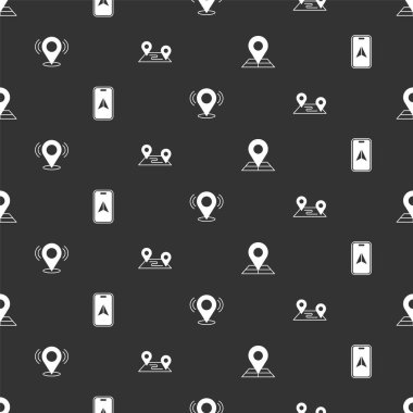 Katlanmış haritayı konum işaretleyici şehir navigasyon haritası pimi ve rotası ile pürüzsüz desen üzerinde ayarla. Vektör.