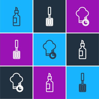 Bir şişe zeytinyağı, şef şapkası ve barbekü spatula ikonu. Vektör.