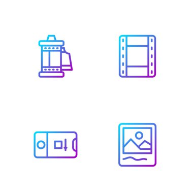 Fotoğraf çerçevesi, video çekimi, kamera rulo kartuşu ve video oynat. Renk simgeleri. Vektör.