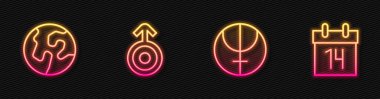 Çizgiyi Neptün gezegeni Dünya Sembolü Uranüs ve Takvim 'e ayarla. Parlayan neon ikonu. Vektör.