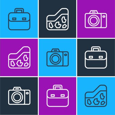 Evrak çantası fotoğraf makinesi ve yer simgesini ayarla. Vektör.