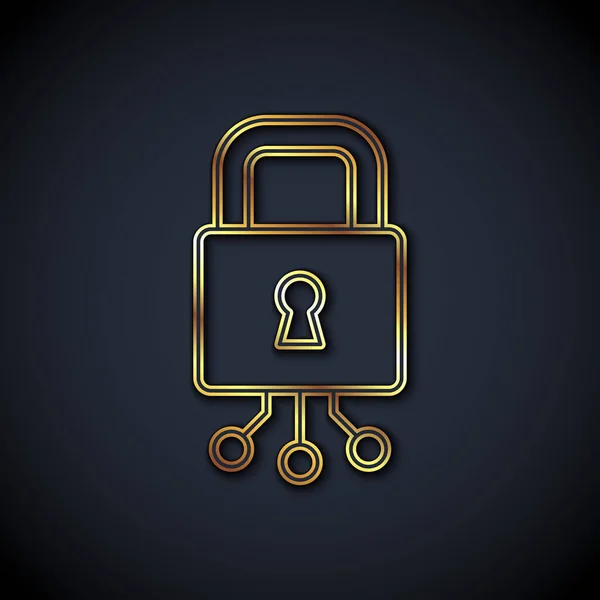 Złota Linia Ikona Cyberbezpieczeństwa Czarnym Tle Zamknięta Kłódka Obwodzie Cyfrowym — Wektor stockowy