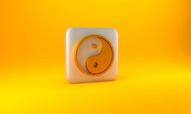 Sarı arka planda izole edilmiş Altın Yin Yang ahenk ve denge simgesi. Gümüş kare düğme. 3 Boyutlu resimleme.