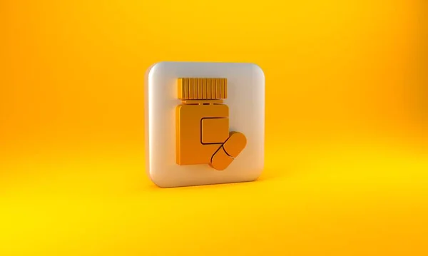 黄色の背景に単離されたゴールド医学ボトルと薬のアイコン 瓶の丸薬のサイン 薬局の設計 銀四角形のボタン 3Dレンダリング図 — ストック写真