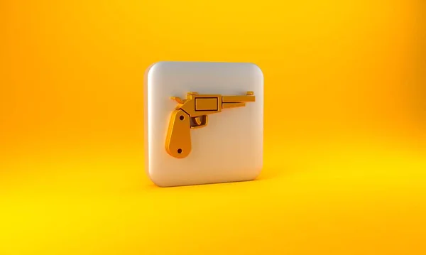 Gouden Revolver Pistool Pictogram Geïsoleerd Gele Achtergrond Zilveren Vierkante Knop — Stockfoto