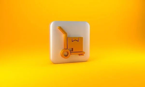 黄金手推车和盒子图标孤立在黄色背景上 多莉符号 银方按钮 3D渲染说明 — 图库照片