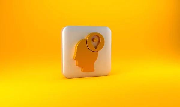 黄色の背景に隔離された段ボール箱のアイコンを持つ金配達の男 宅配便でドア配達への扉 銀四角形のボタン 3Dレンダリング図 — ストック写真