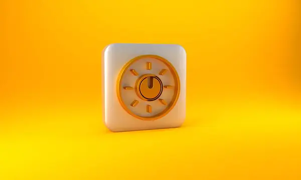 黄色の背景に隔離されたゴールドダイヤルノブレベル技術設定アイコン 音量ボタン サウンドコントロール アナログレギュレータ 銀四角形のボタン 3Dレンダリング図 — ストック写真