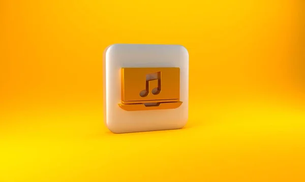 Sarı Arkaplanda Izole Edilmiş Müzik Nota Sembollü Altın Dizüstü Bilgisayar — Stok fotoğraf