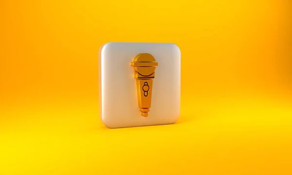 Gold Microphone icon isolated on yellow background. On air radio mic microphone. Speaker sign. Silver square button. 3D render illustration.