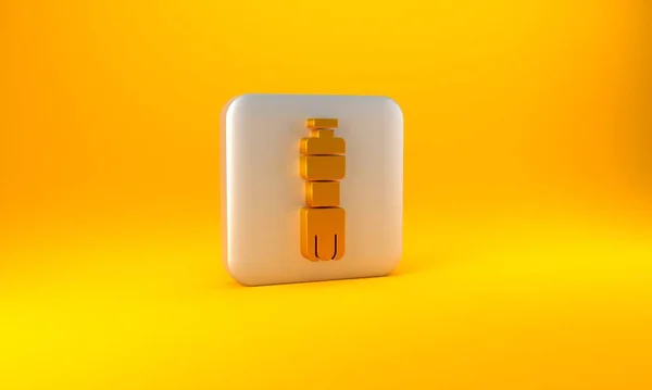 黄色背景上孤立的金色水瓶图标 苏打水的标志 银方按钮 3D渲染说明 — 图库照片