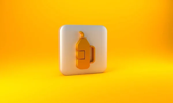 黄金健美振动器图标孤立在黄色背景 运动摇瓶 瓶盖用于水和蛋白质鸡尾酒 银方按钮 3D渲染说明 — 图库照片