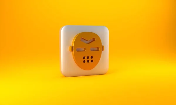黄色の背景に隔離されたゴールドホッケーマスクアイコン 銀四角形のボタン 3Dレンダリング図 — ストック写真