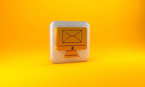 Gouden Monitor Enveloppe Nieuw Bericht Mail Pictogram Geïsoleerd Gele Achtergrond — Stockfoto