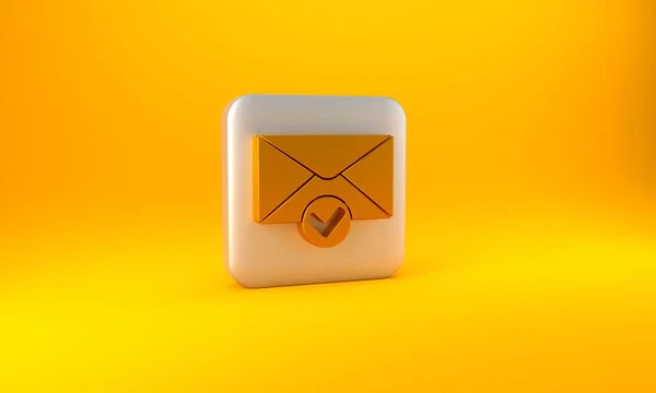 Gouden Envelop Vinkje Pictogram Geïsoleerd Gele Achtergrond Succesvolle Mail Levering — Stockfoto