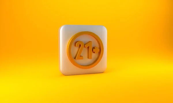 黄色の背景に金21プラスアイコンを隔離 大人のコンテンツアイコン 銀四角形のボタン 3Dレンダリング図 — ストック写真