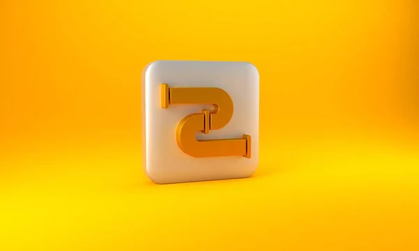 黄色の背景に分離された金工業用金属パイプアイコン 異なる形状の配管パイプライン部品 銀四角形のボタン 3Dレンダリング図 — ストック写真