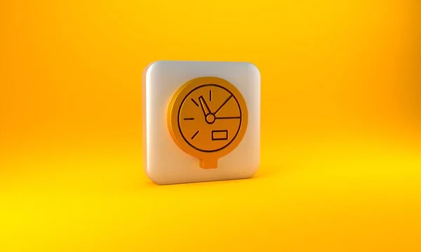 黄色の背景に分離されたゴールドメーターアイコン 銀四角形のボタン 3Dレンダリング図 — ストック写真