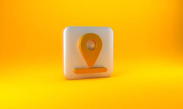 黄色の背景に分離されたゴールドマップピンアイコン ナビゲーション ポインタ Gps 場所の概念 銀四角形のボタン 3Dレンダリング図 — ストック写真