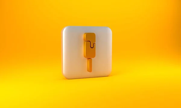 黄色の背景に分離された金のアイスクリームアイコン 甘いシンボルだ 銀四角形のボタン 3Dレンダリング図 — ストック写真