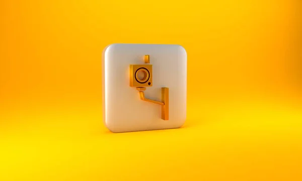 Золота Камера Безпеки Ізольована Жовтому Тлі Срібна Квадратна Кнопка Ілюстрація — стокове фото