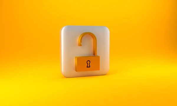 Gold Open Padlock Εικονίδιο Απομονώνονται Κίτρινο Φόντο Ανοιγμένη Κλειδαριά Διαδικτυακή — Φωτογραφία Αρχείου