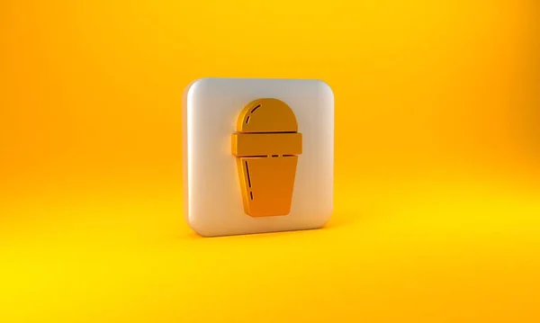 黄色の背景に隔離されたワッフルコーンアイコンの金のアイスクリーム 甘いシンボルだ 銀四角形のボタン 3Dレンダリング図 — ストック写真
