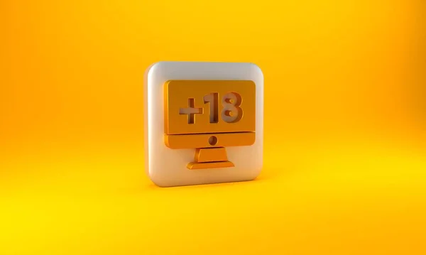 黄色の背景に隔離された18 コンテンツアイコンとゴールドコンピュータモニター 年齢制限記号 セックスコンテンツのサイン 大人のチャンネルだ 銀四角形のボタン 3Dレンダリング図 — ストック写真
